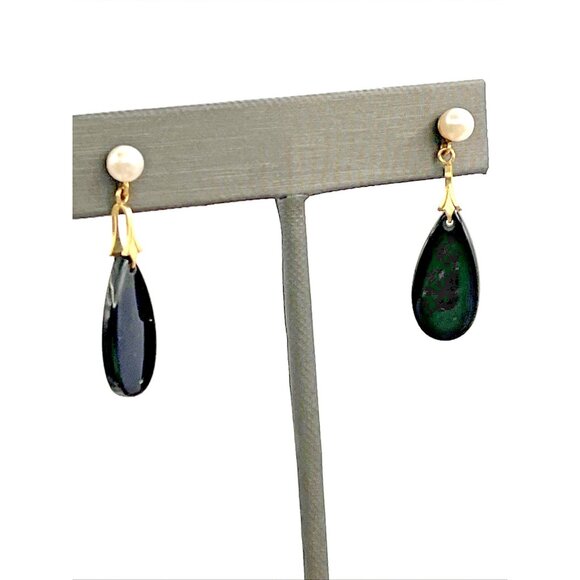 Vintage 14k Yellow Gold Pearl Onyx Dangle Pierced Earrings 1 3/8" - Picture 4 of 8